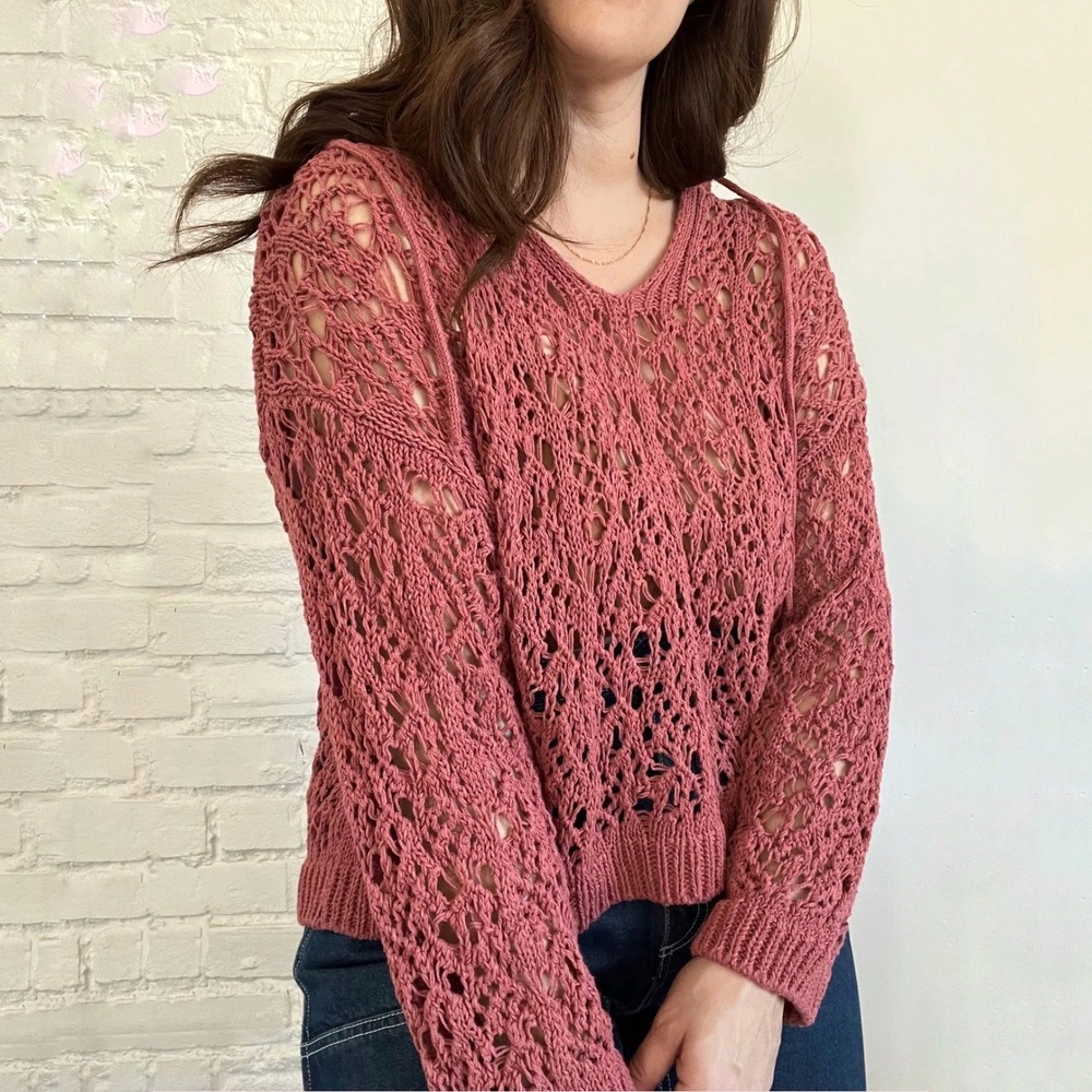 Zara Women's Pink Crochet Open Knit Hooded Sweatshirt Size Small